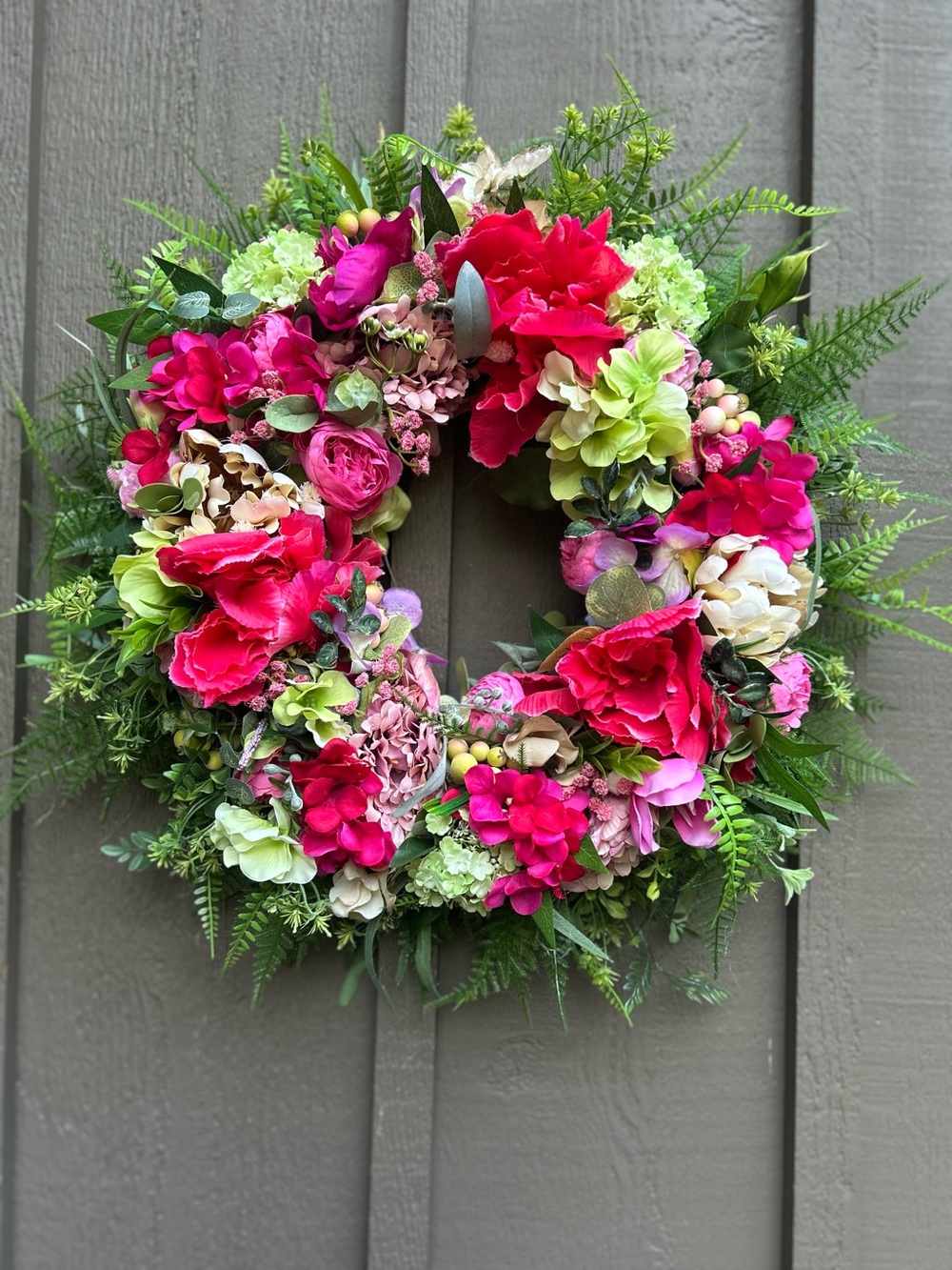 Bright Pink and Green Floral Holiday Wreath hydrangeas ferns